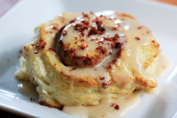 Cinnamon Swirl Biscuits w/ a maple glaze and bacon!