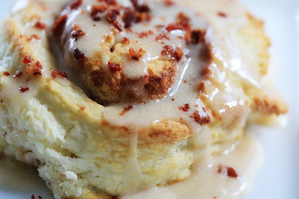 Cinnamon Swirl Biscuits w/ a maple glaze and bacon!