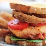 Salmon BLT with Onion Rings and a Spicy Lemon-Caper Mayo