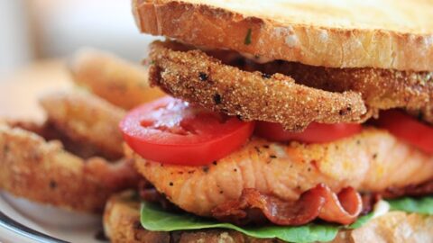 Salmon BLT with Onion Rings and a Spicy Lemon-Caper Mayo