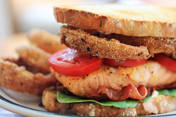 Salmon BLT with Onion Rings and a Spicy Lemon-Caper Mayo