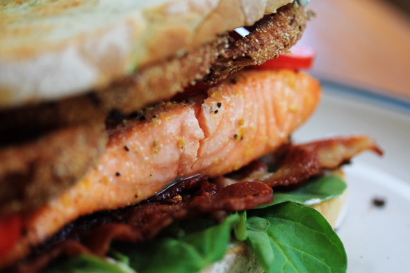 Salmon BLT with Onion Rings and a Spicy Lemon-Caper Mayo