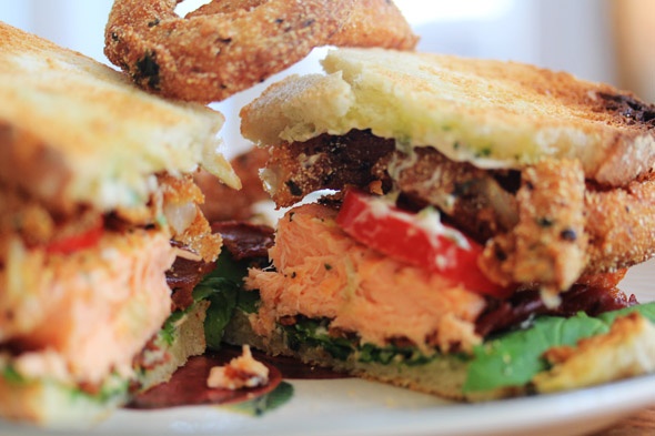 Salmon BLT with Onion Rings and a Spicy Lemon-Caper Mayo