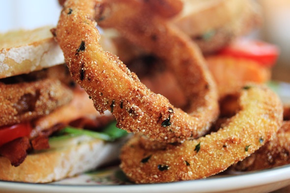 Salmon BLT with Onion Rings and a Spicy Lemon-Caper Mayo