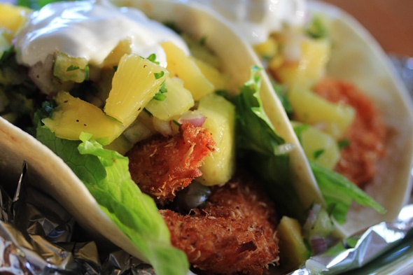 Coconut Shrimp Tacos with Pineapple & Mango Salsa