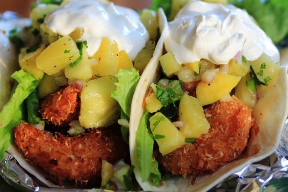 Coconut Shrimp Tacos with Pineapple & Mango Salsa