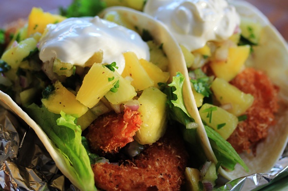 Coconut Shrimp Tacos with Pineapple & Mango Salsa