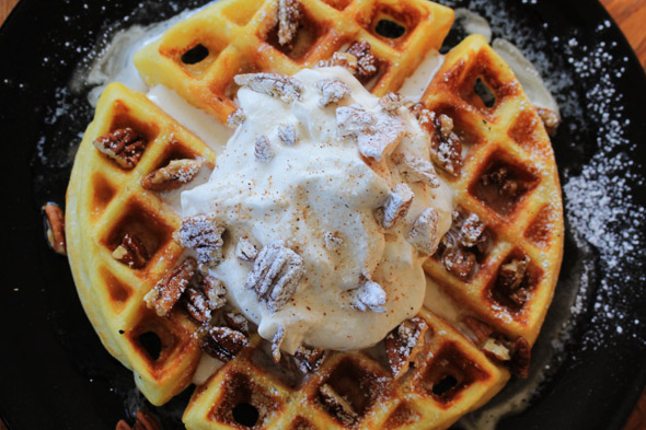 Butter Pecan Waffles with Spiced Bourbon Whipped Cream