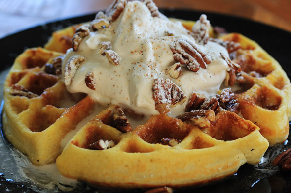 Butter Pecan Waffles with Spiced Bourbon Whipped Cream