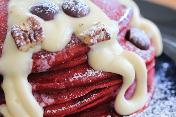 Red Velvet Pancakes with Maple Cream Cheese Glaze