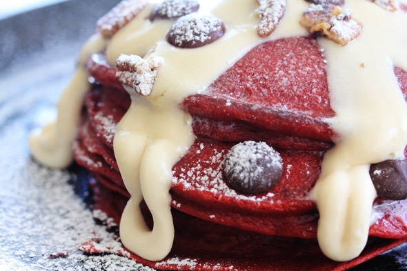 Red Velvet Pancakes with Maple Cream Cheese Glaze