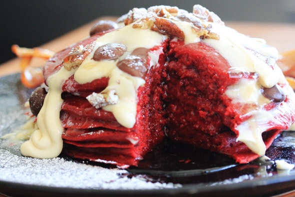 Red Velvet Pancakes with Maple Cream Cheese Glaze