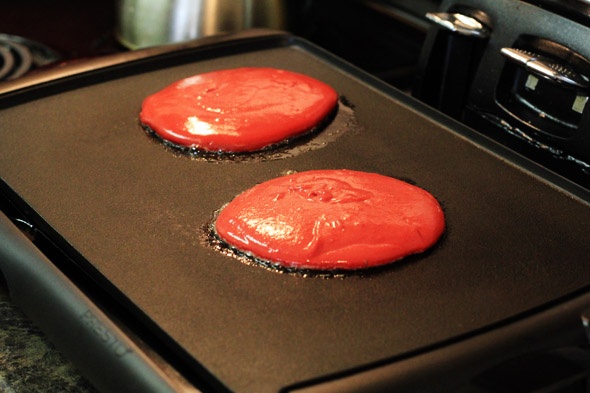 Red Velvet Pancakes with Maple Cream Cheese Glaze