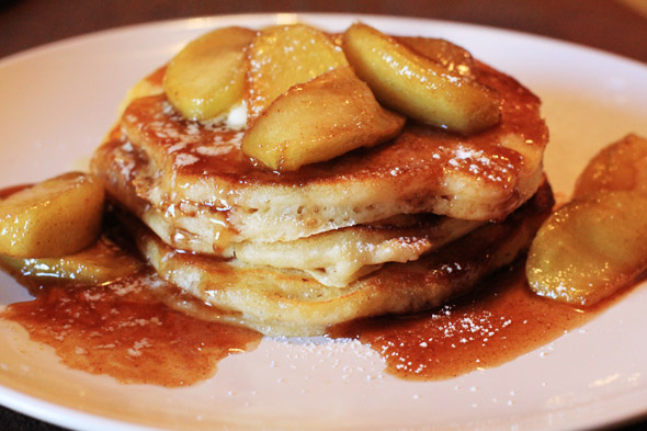 Apple Cinnamon Buttermilk Pancakes with Caramel Syrup