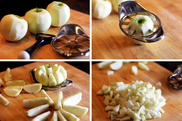Peel and core your apples. Then chop into even bite-sized chunks.