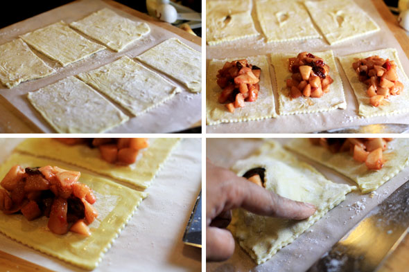 Cut a small vent hole into 3 of the first 6 puff pastry squares, and scoop some of the apple mixture into the centers of the remaining 3 puffy pastry squares -- you will repeat this step w/ the other 6 squares of the second sheet.