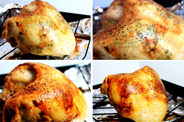 1 & 2) the turkey has cooked for exactly 1 hour and 30 minutes total. 3 & 4) place the bird back in a hotter oven for just 10 minutes to crisp up the skin.
