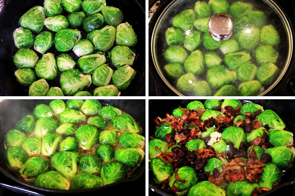 1. Arrange each half of your brussel sprouts into the pan, cut-side down, 2. Cover and sear for just 2 to 3 minutes, until the edges begin to caramelize, 3. Add your wine and water to the brussels, 4. Add the garlic, cranberries, and bacon and shallot mixture on top, allowing the cranberries to sink into the wine. 