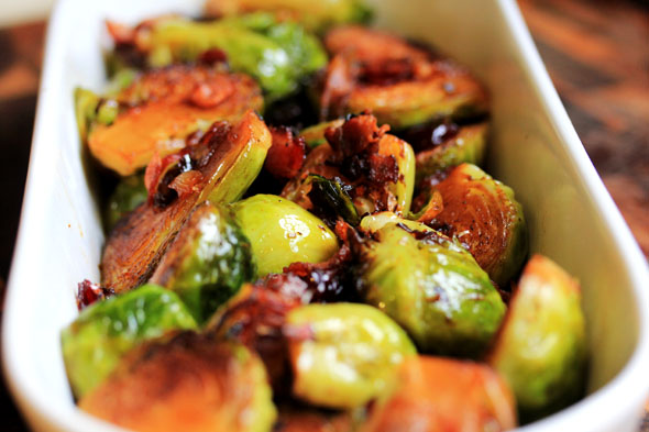 White Wine Braised Brussel Sprouts with Bacon and Cranberries