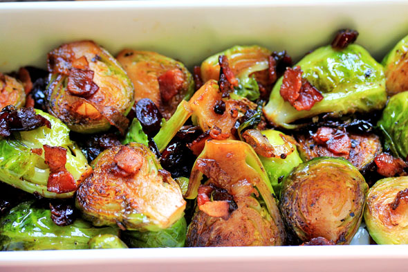 White Wine Braised Brussel Sprouts with Bacon and Cranberries