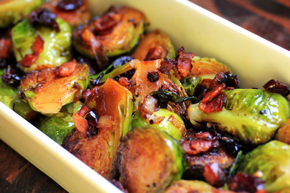 White Wine Braised Brussel Sprouts with Bacon and Cranberries