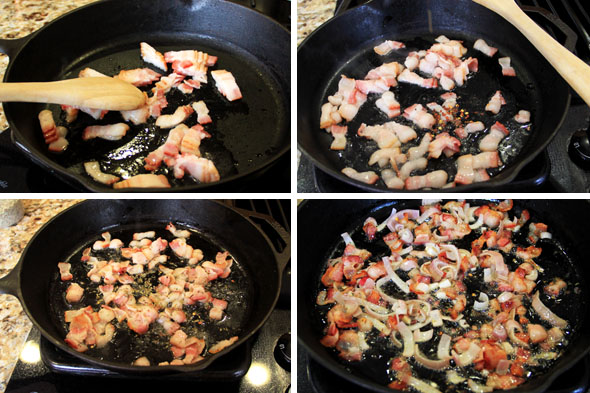 1. Cook bacon in olive oil and separate the strips with a wooden spoon, 2. Add a generous pinch of crushed red pepper flake and stir around, 3. Add a good pinch of Herbes de Provence and stir, 4. Allow the bacon to develop some color, then add the shallots, breaking them up with the wooden spoon.