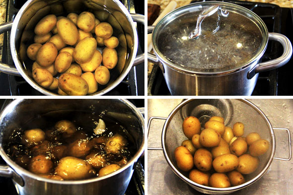 Meanwhile, place your potatoes in a medium-sized pot and make sure they're covered by at least 2" of water. Salt the water, toss in one split garlic clove, cover and bring to a simmer for about 10-13 minutes or until you can pierce them easily with a wooden skewer or fork. They should NOT be mushy or falling apart. Drain and cool for a few minutes.