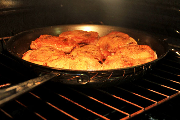 Place the skillet in a 425 degree oven for 10-15 minutes, or until chicken juices run clear.