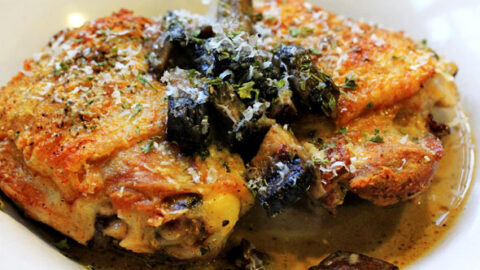 Image for Parmesan-Crusted Chicken Thighs with White Wine Portobello Cream Sauce
