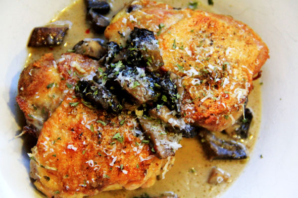 Parmesan-Crusted Chicken Thighs with White Wine Portobello Sauce