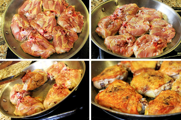 1. Carefully arrange each chicken thigh, skin-side down into your super hot skillet. The oil should be lightly smoking at this point. If it isn't smoking, it isn't hot enough. Wait until you see whisps of smoke before doing this. 2, Once the chicken is in the skillet, season the other side with a little coarse sea salt and black pepper, 3. After about 7 or 8 minutes, the chicken is perfectly seared and releases easily from the pan, 4. Flip the chicken over and cook for 2 minutes.