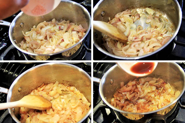 1) add the salt to the shallots. 2) Stir to combine. Notice they're starting to brown up a bit. Stir them so none brown too quickly or burn. Let them cook another 8-10 minutes, still over medium-low heat. 3) After about 8 minutes, they start to become more straw colored. The sugar is helping them brown a bit faster for us. 4) Add about 1 1/2 tbsp red wine vinegar to help deglaze some of the sugars deposited at the bottom of the pan. This will also balance out the sweetness as the shallots cook down.