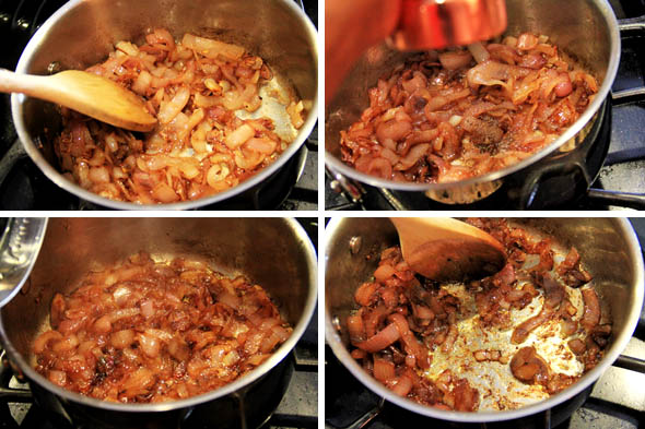 1) Here's what they look like after another 8-10min of cooking. They're coming along. 2) Add some pepper, stir and let them cook another 8 minutes or so. 3) Lookin good. Vinegar is almost evaporated. 4) When the bottom of the pan looks like this, add 2 tbsp of water. Stir and continue cooking for another 8-10 minutes.