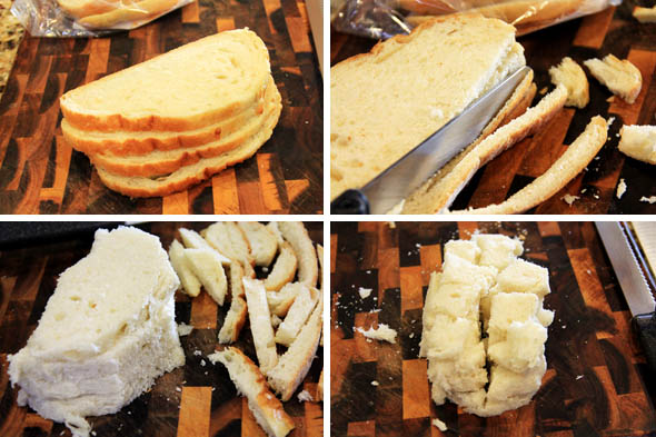 we're using 4 slices of hearty bread, trimming off the crust, and slicing it into large chunks. Use a serrated knife here, any other knife will just smash the bread.