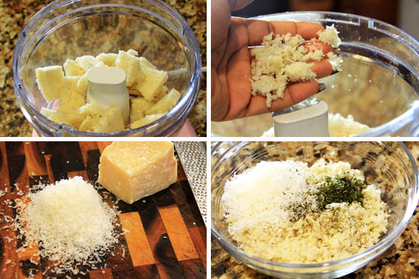 Put the bread into a food processor, and pulse 5-10 times until you get good sized crumbs. Size of crumbs totally depends on your preference. Finely grate about 2-3 tbsp of parmesan cheese. Add the cheese, dried herbs, and seasoning to the crumbs. Toss with your fingers. 