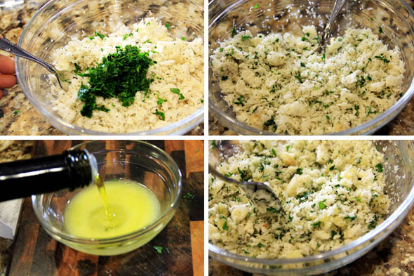With a fork, toss the fresh parsley in. Pour 2 tsp of olive oil into 2 tbsp of melted unsalted butter. toss the crumbs to combine and set aside.