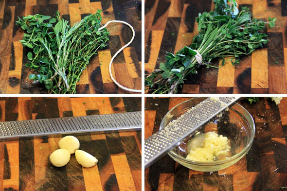We're going to make a quick bouquet garni. A bouque garni is just a bunch of fresh herbs tied up and used in stocks, soups, marinades or whatever. Also, grate large cloves of garlic and set aside. We'll  use that later for the prosciutto/pancetta mixture.