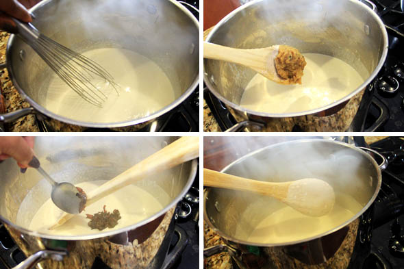 Whisk to thicken, while over medium heat. Add the roasted garlic and caramelized shallots to the bechamel. Once it coats the back of a spoon, it's ready for the cheese.