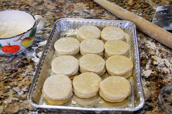 You should get 11 or 12 3" biscuits out of the whole deal. Put them in the fridge or freezer to keep cold, about 10 minutes.