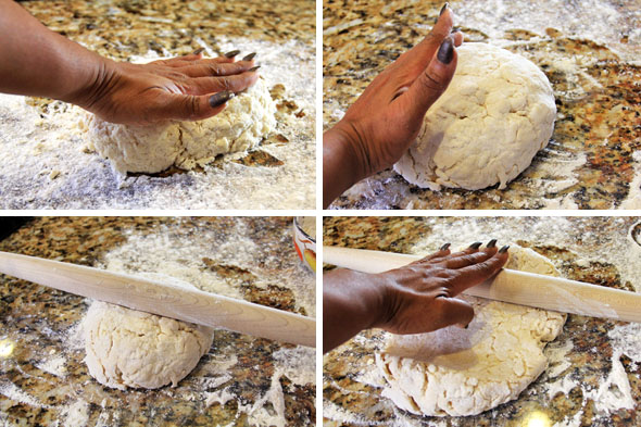 Bring the dough together into a uniform circle. Flour a rolling pin and begin to roll it out starting from the center to form a rectangle. Use the edge of a bench scraper to keep it uniform if your hands are too warm.
