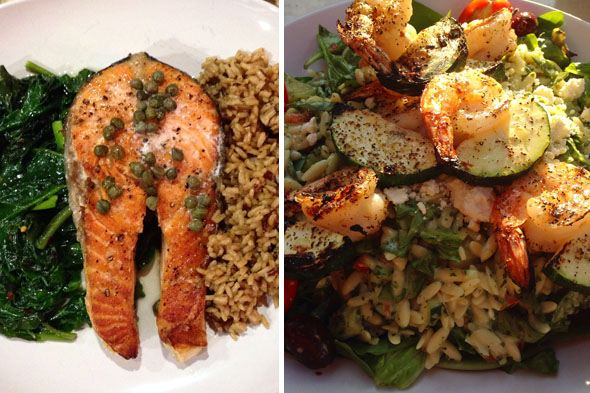 Yummy salmon, spinach and brown rice/quinoa mix. Another salad from Zoe's Kitchen.
