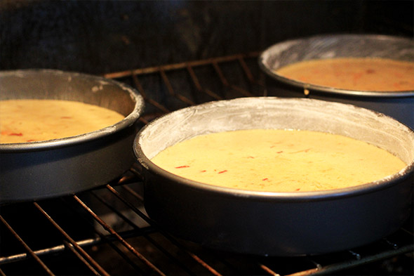 place all the pans on a single oven rack, in the middle of your oven, and bake. feel free to rotate the pans half-way thru the baking process, just in case your oven has hot spots.