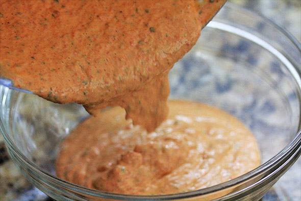 transfer the dip to a small bowl, cover with plastic wrap and pop it in the fridge while you do everything else. 