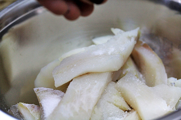 throw the chunks into a bowl, add some kosher or sea salt.