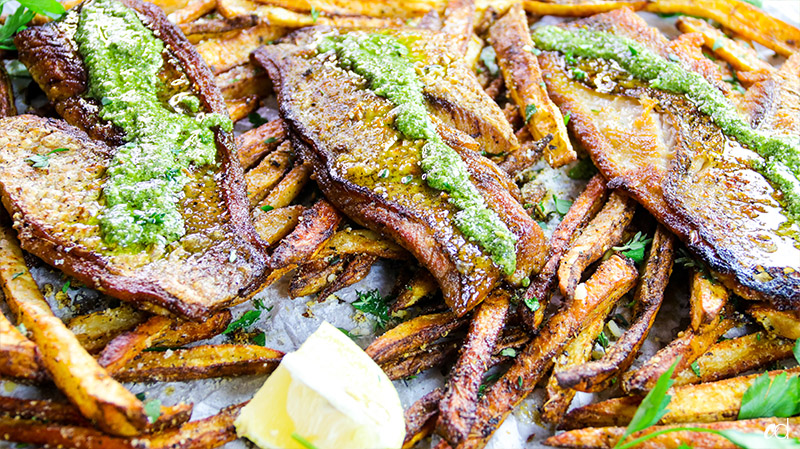 Pesto Red Snapper with Baked Parmesan Fries