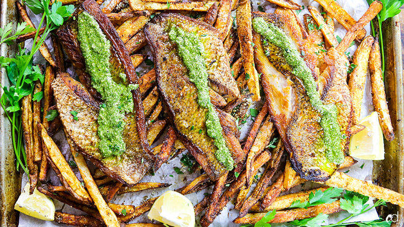 Pesto Red Snapper and Chips