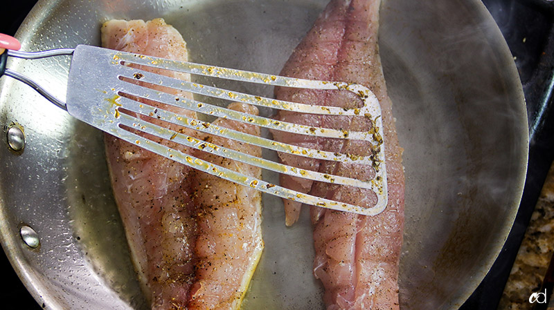 searing skin side of red snapper