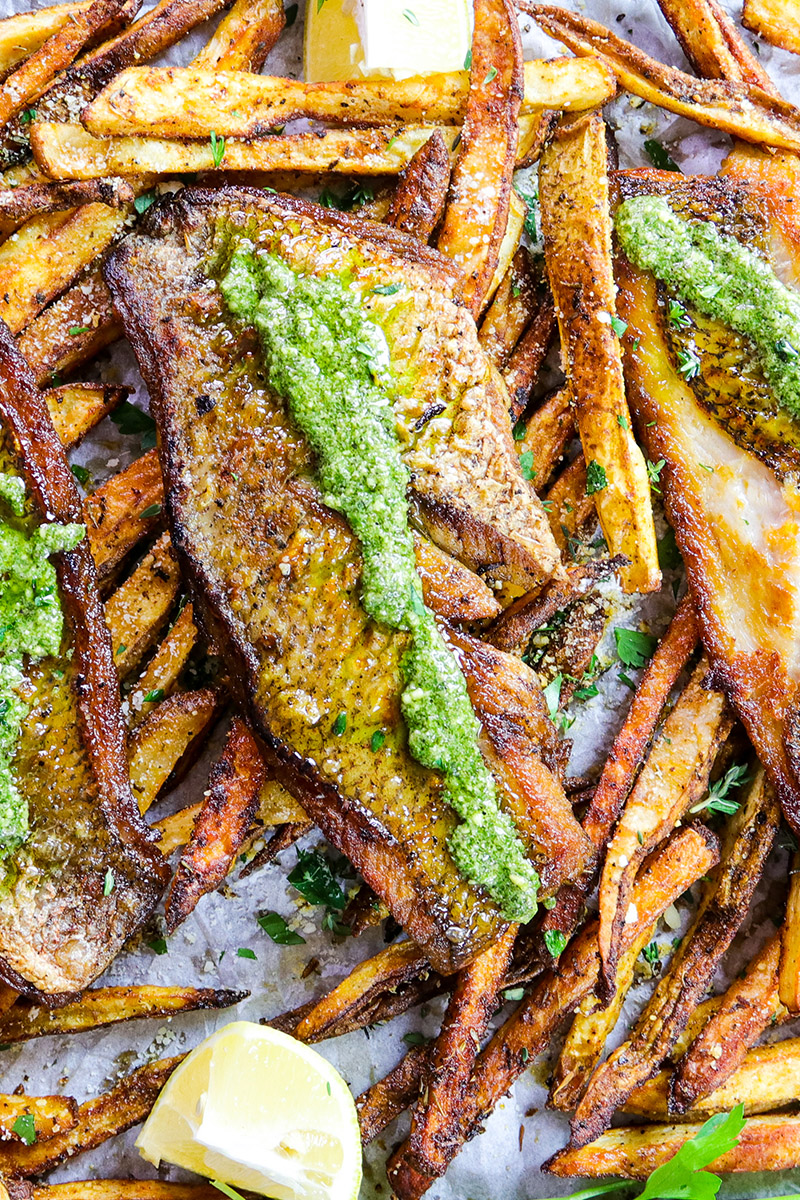 Pesto Red Snapper with Baked Parmesan Fries