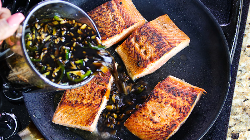 garlic and ginger soy glazed salmon bowl