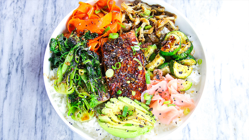 garlic and ginger soy glazed salmon bowl